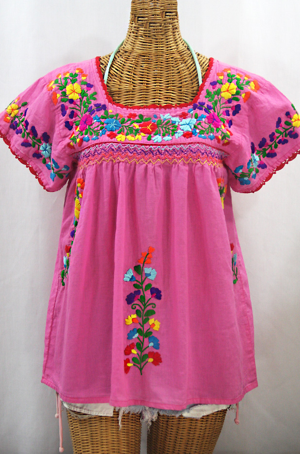 "La Marina Corta" Embroidered Mexican Peasant Blouse - Bubblegum Pink + Rainbow