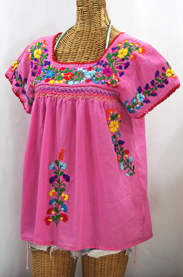 "La Marina Corta" Embroidered Mexican Peasant Blouse - Bubblegum Pink + Rainbow