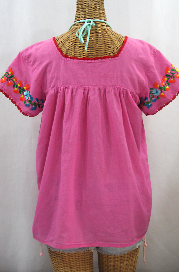 "La Marina Corta" Embroidered Mexican Peasant Blouse - Bubblegum Pink + Rainbow