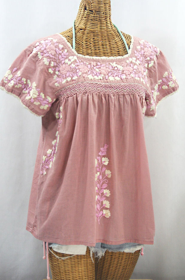 "La Marina Corta" Embroidered Mexican Peasant Blouse - Dusty Light Pink + Pink Mix