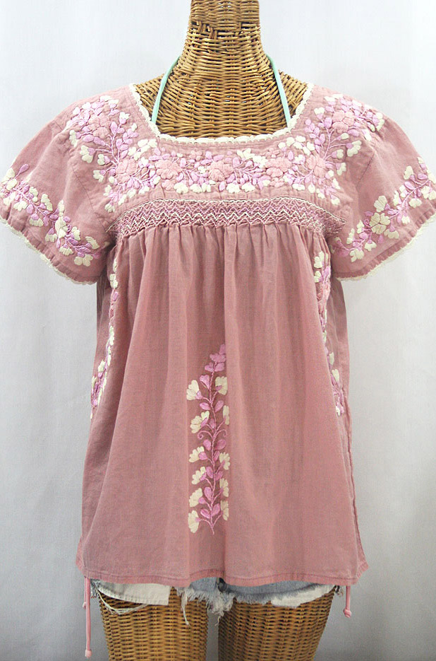 "La Marina Corta" Embroidered Mexican Peasant Blouse - Dusty Light Pink + Pink Mix