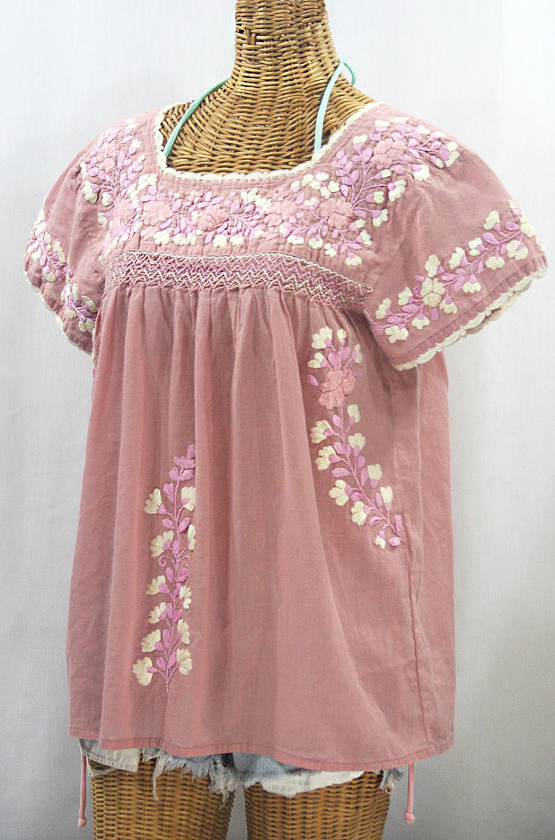 "La Marina Corta" Embroidered Mexican Peasant Blouse - Dusty Light Pink + Pink Mix