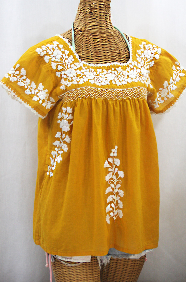 "La Marina Corta" Embroidered Mexican Peasant Blouse - Honey Gold + White