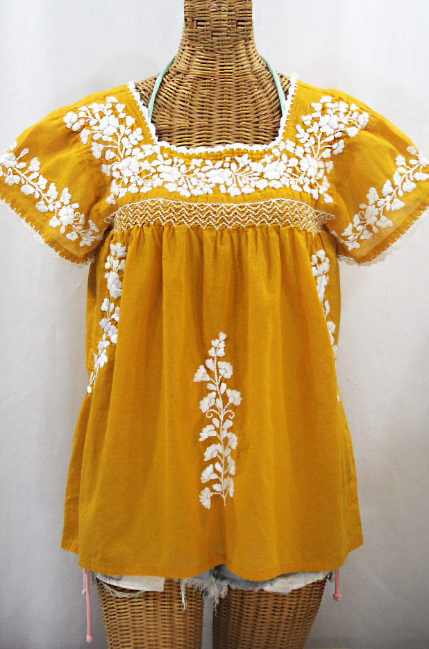 "La Marina Corta" Embroidered Mexican Peasant Blouse - Honey Gold + White