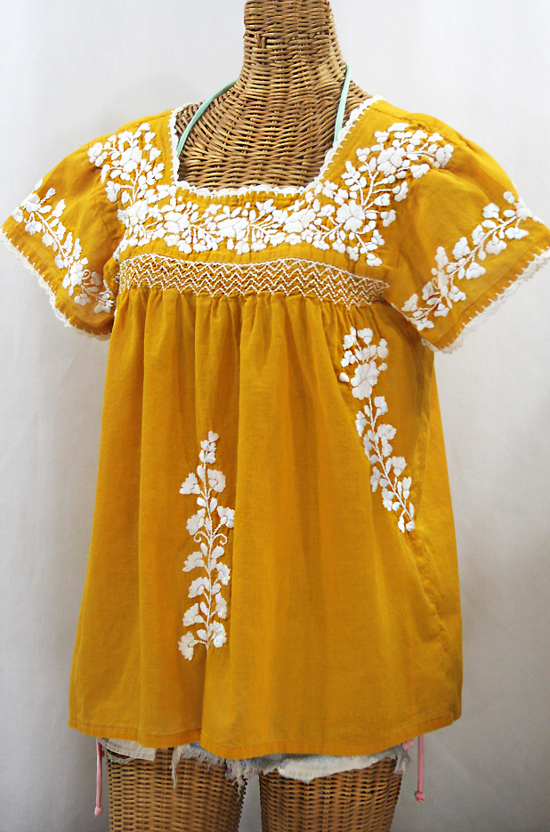 "La Marina Corta" Embroidered Mexican Peasant Blouse - Honey Gold + White