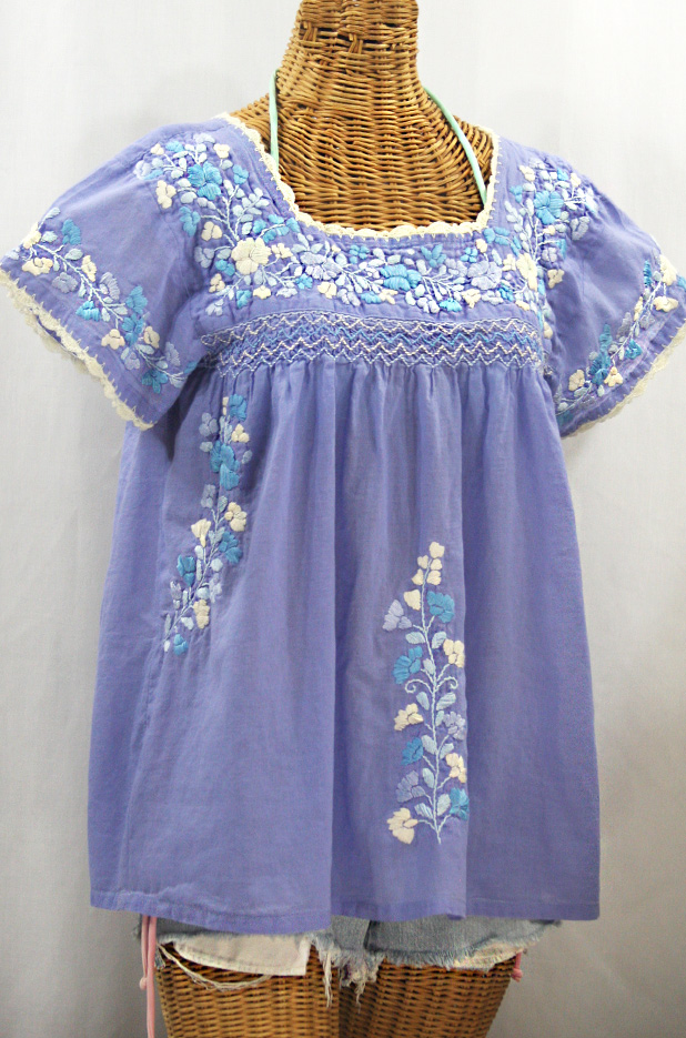 "La Marina Corta" Embroidered Mexican Peasant Blouse - Periwinkle + Blue Mix