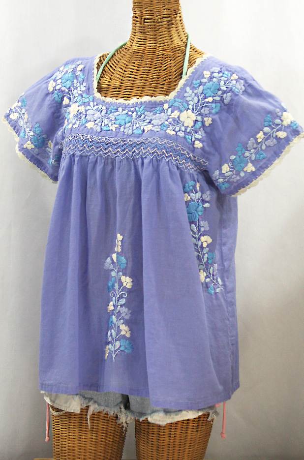 "La Marina Corta" Embroidered Mexican Peasant Blouse - Periwinkle + Blue Mix