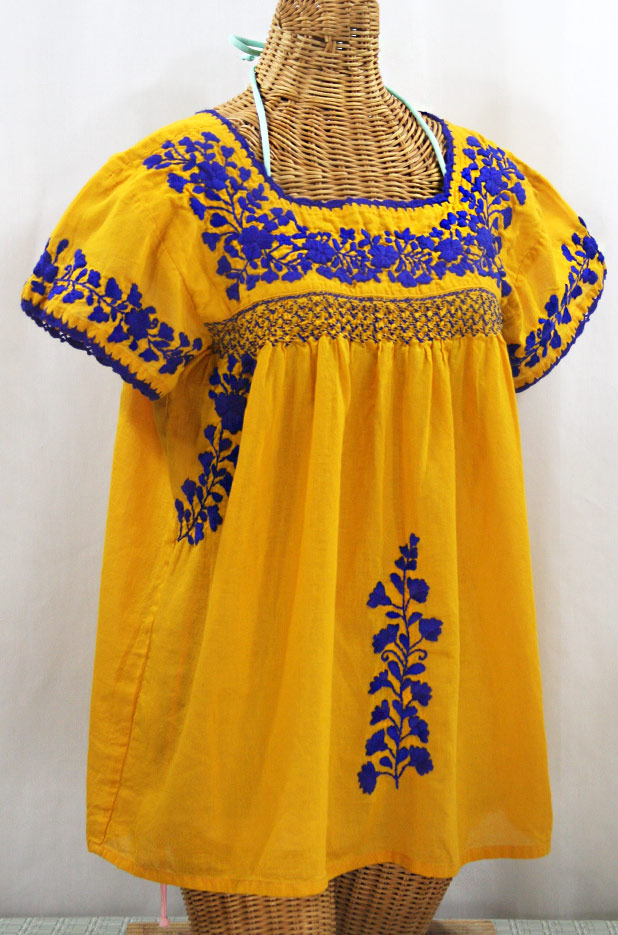 "La Marina Corta" Embroidered Mexican Peasant Blouse - Honey Gold + Blue