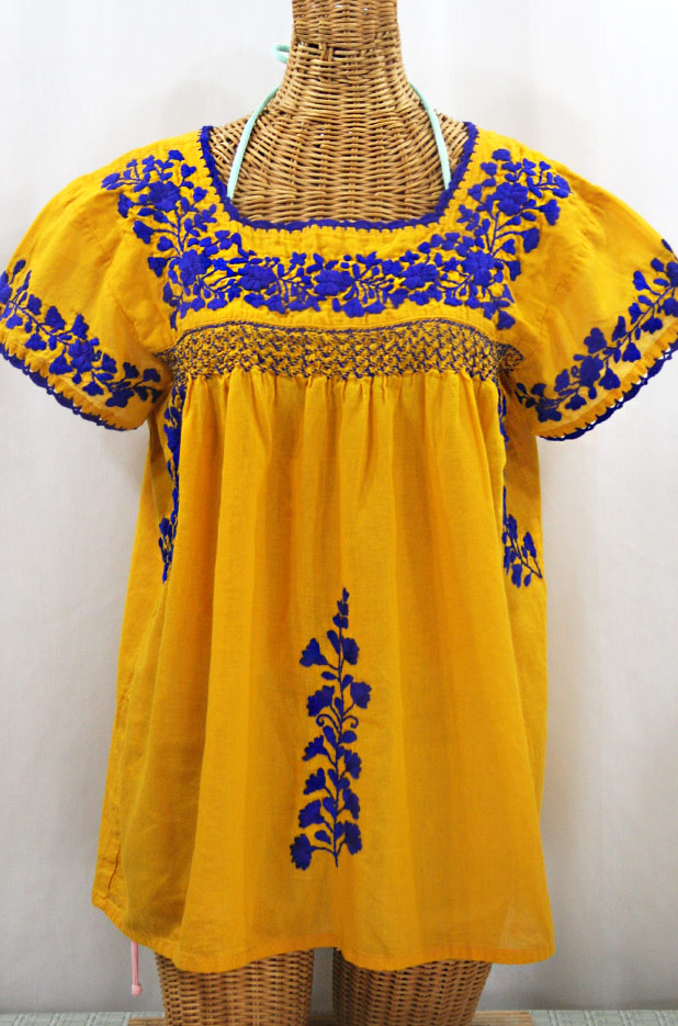 "La Marina Corta" Embroidered Mexican Peasant Blouse - Honey Gold + Blue