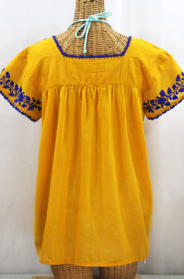 "La Marina Corta" Embroidered Mexican Peasant Blouse - Honey Gold + Blue