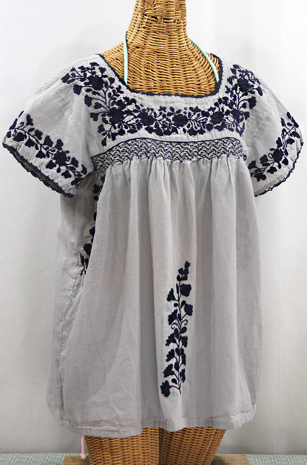 "La Marina Corta" Embroidered Mexican Peasant Blouse - Grey + Navy