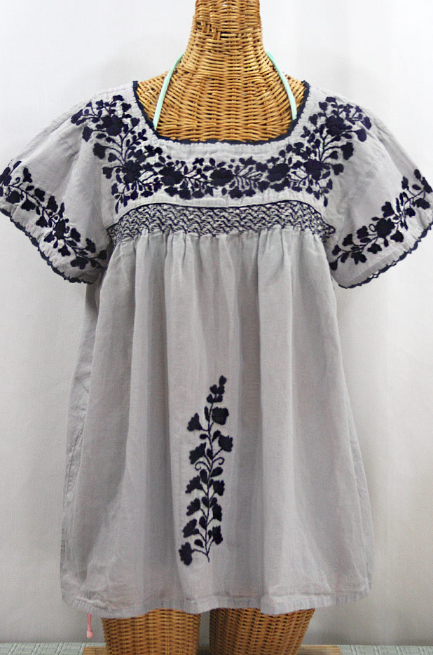 "La Marina Corta" Embroidered Mexican Peasant Blouse - Grey + Navy