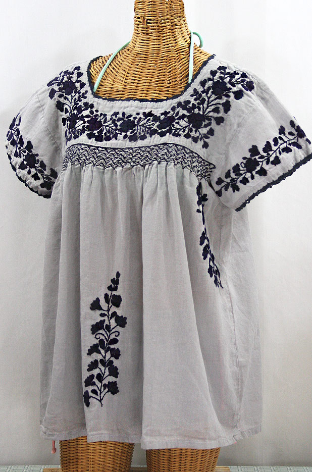 "La Marina Corta" Embroidered Mexican Peasant Blouse - Grey + Navy