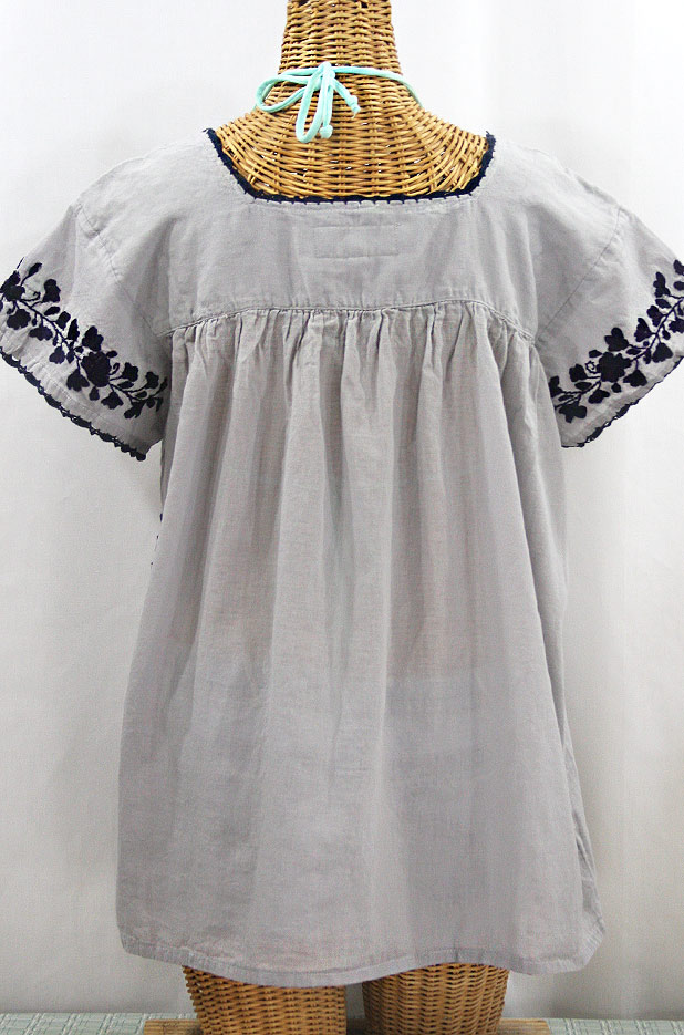 "La Marina Corta" Embroidered Mexican Peasant Blouse - Grey + Navy