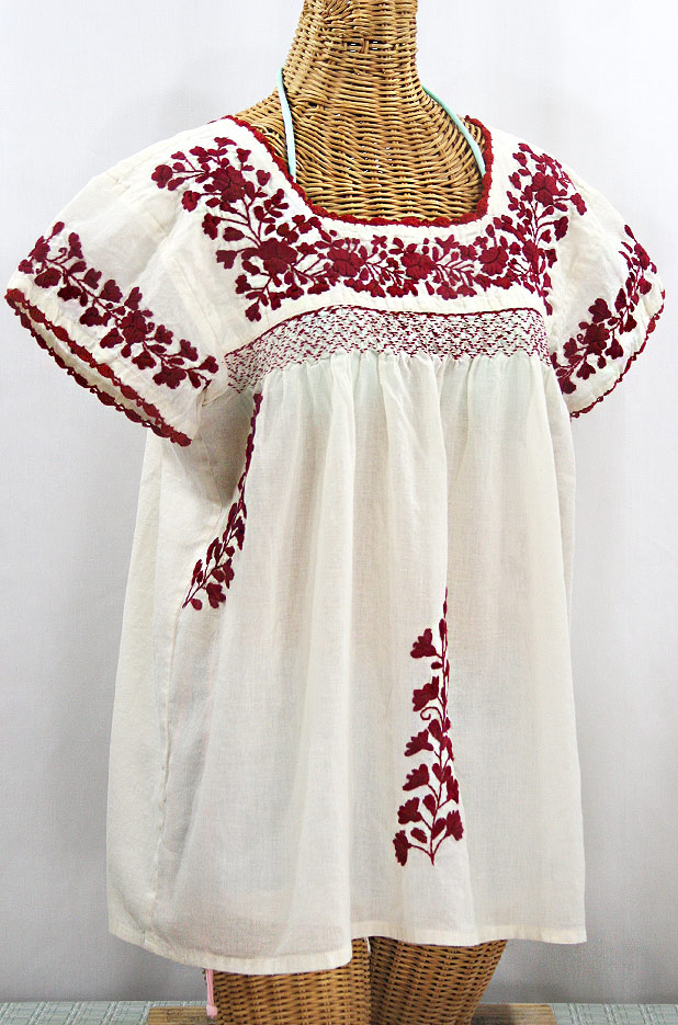 "La Marina Corta" Embroidered Mexican Peasant Blouse - Off White + Burgundy