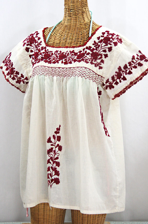 "La Marina Corta" Embroidered Mexican Peasant Blouse - Off White + Burgundy