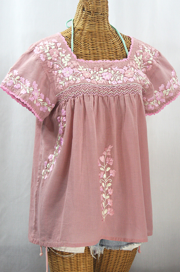 "La Marina Corta" Embroidered Mexican Peasant Blouse - Dusty Light Pink + Pink Mix