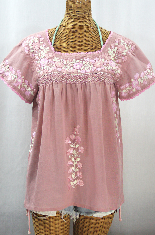 "La Marina Corta" Embroidered Mexican Peasant Blouse - Dusty Light Pink + Pink Mix