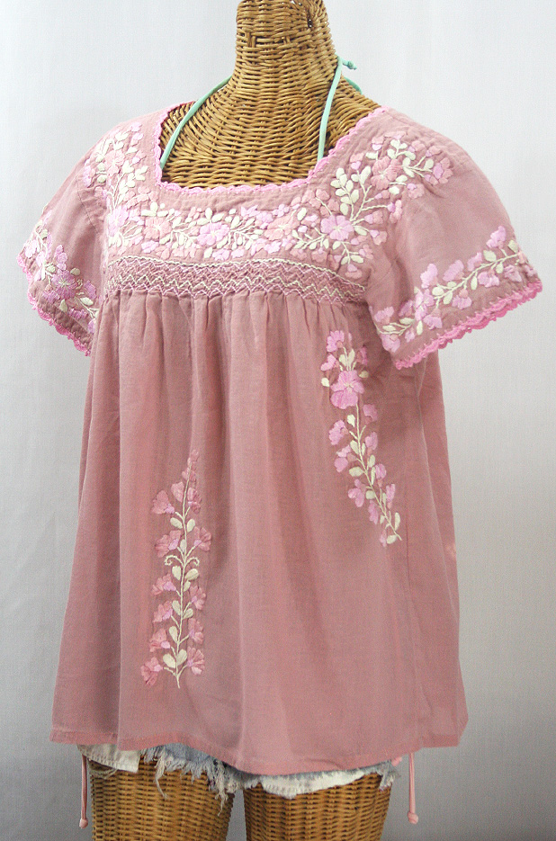 "La Marina Corta" Embroidered Mexican Peasant Blouse - Dusty Light Pink + Pink Mix