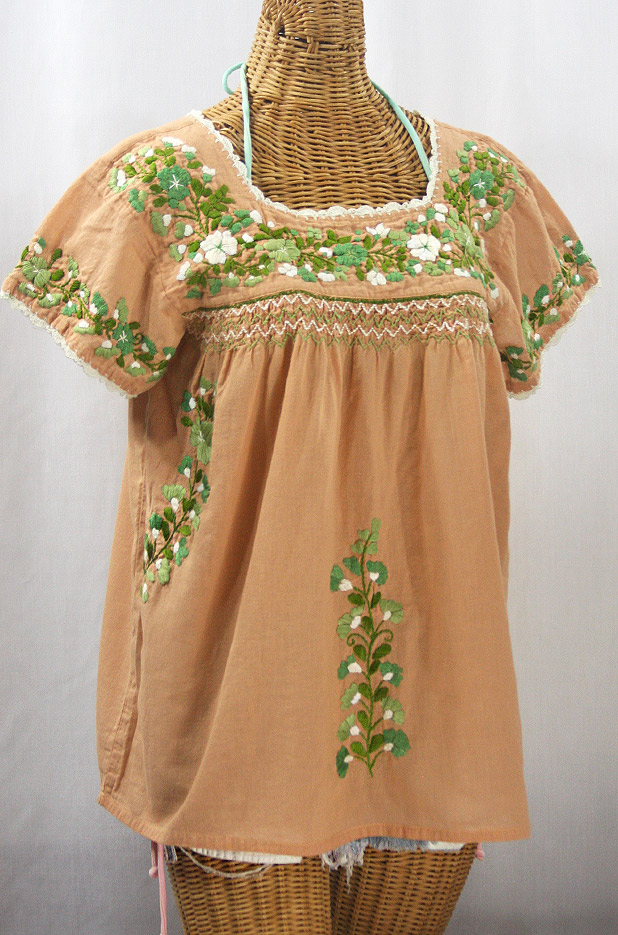 "La Marina Corta" Embroidered Mexican Peasant Blouse - Dusty Melon + Green Mix + Cream Crochet