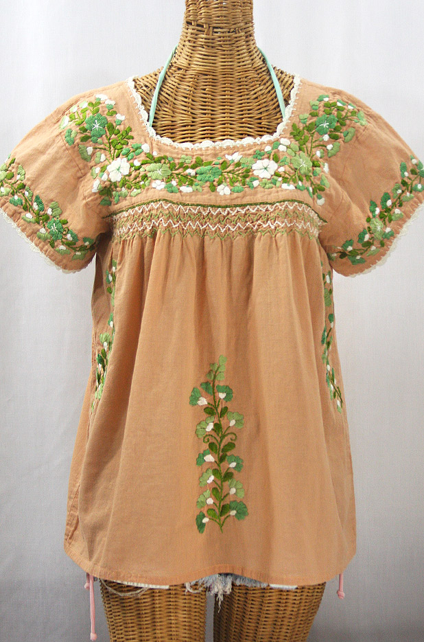 "La Marina Corta" Embroidered Mexican Peasant Blouse - Dusty Melon + Green Mix + Cream Crochet