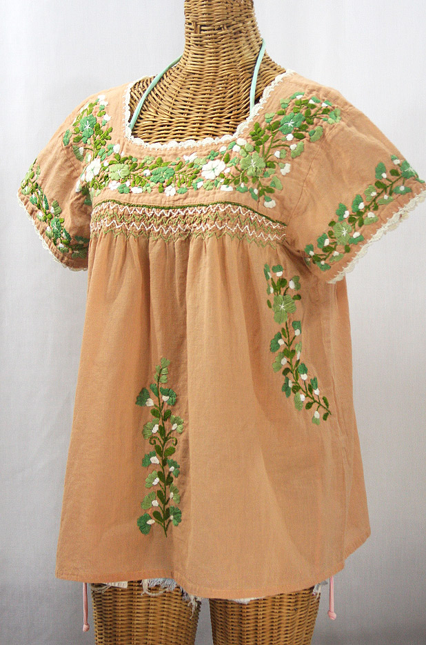 "La Marina Corta" Embroidered Mexican Peasant Blouse - Dusty Melon + Green Mix + Cream Crochet