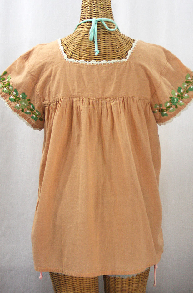 "La Marina Corta" Embroidered Mexican Peasant Blouse - Dusty Melon + Green Mix + Cream Crochet