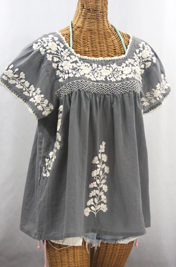 "La Marina Corta" Embroidered Mexican Peasant Blouse - Medium Grey + Cream