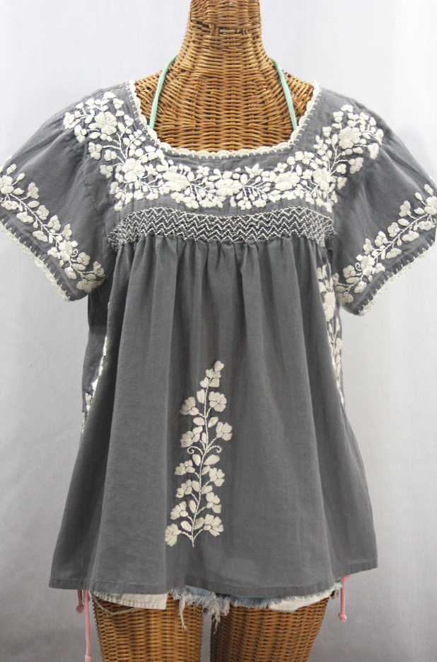 "La Marina Corta" Embroidered Mexican Peasant Blouse - Medium Grey + Cream