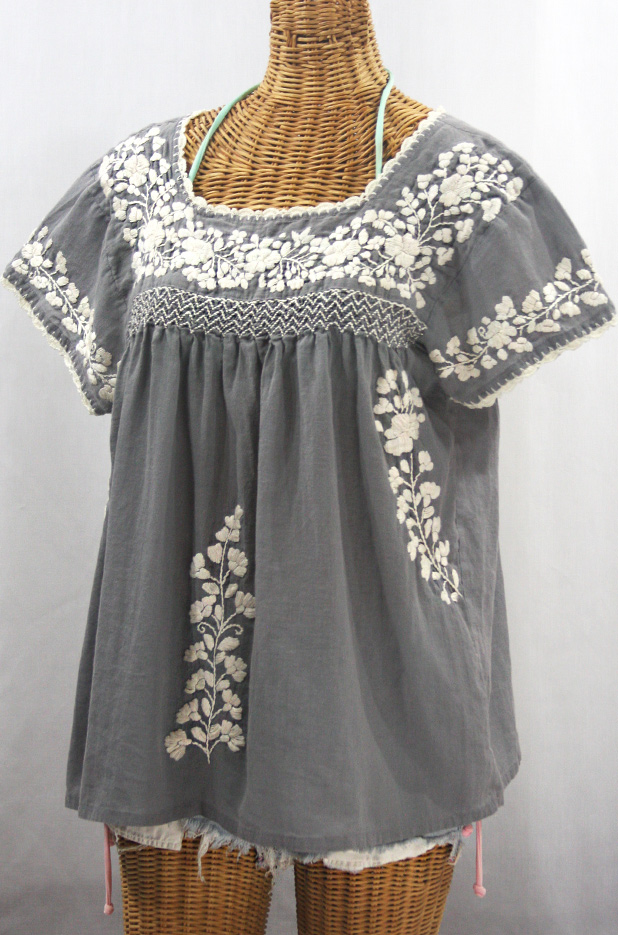 "La Marina Corta" Embroidered Mexican Peasant Blouse - Medium Grey + Cream