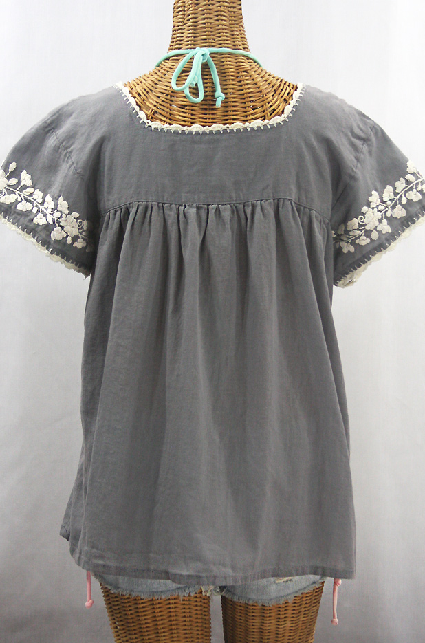 "La Marina Corta" Embroidered Mexican Peasant Blouse - Medium Grey + Cream