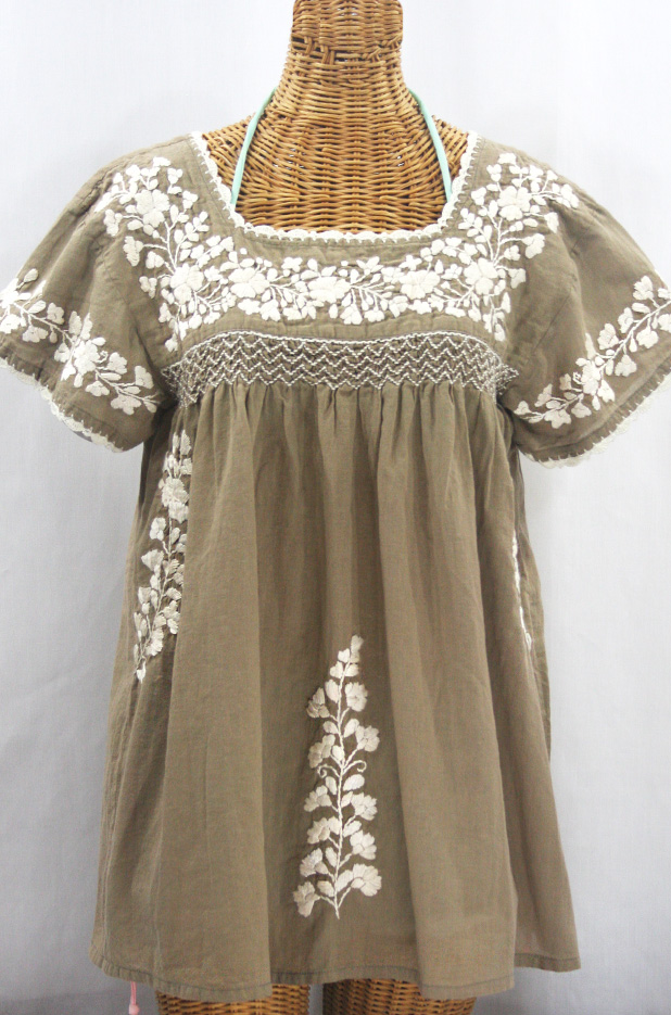 "La Marina Corta" Embroidered Mexican Peasant Blouse - Khaki + Cream