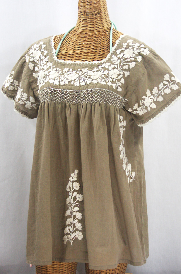 "La Marina Corta" Embroidered Mexican Peasant Blouse - Khaki + Cream