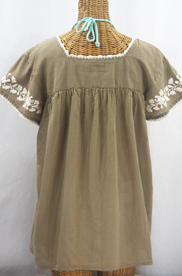 "La Marina Corta" Embroidered Mexican Peasant Blouse - Khaki + Cream