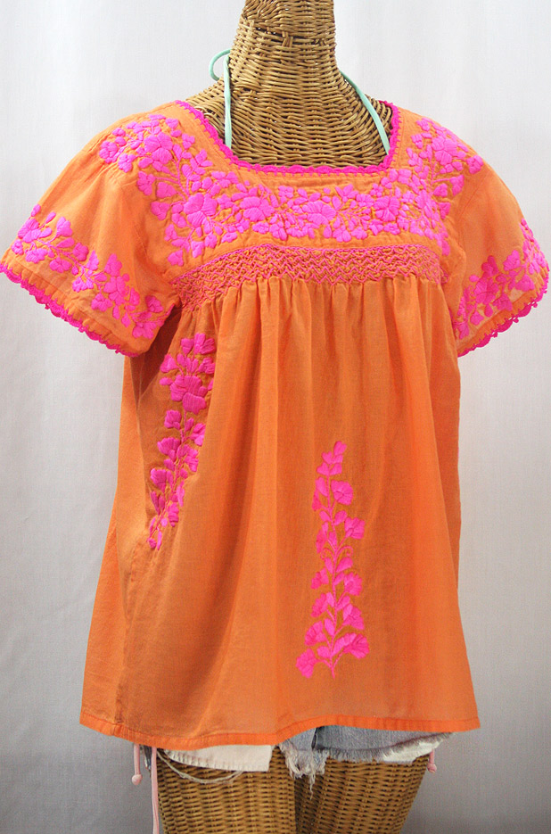 "La Marina Corta" Embroidered Mexican Peasant Blouse - Orange Cream + Neon Pink