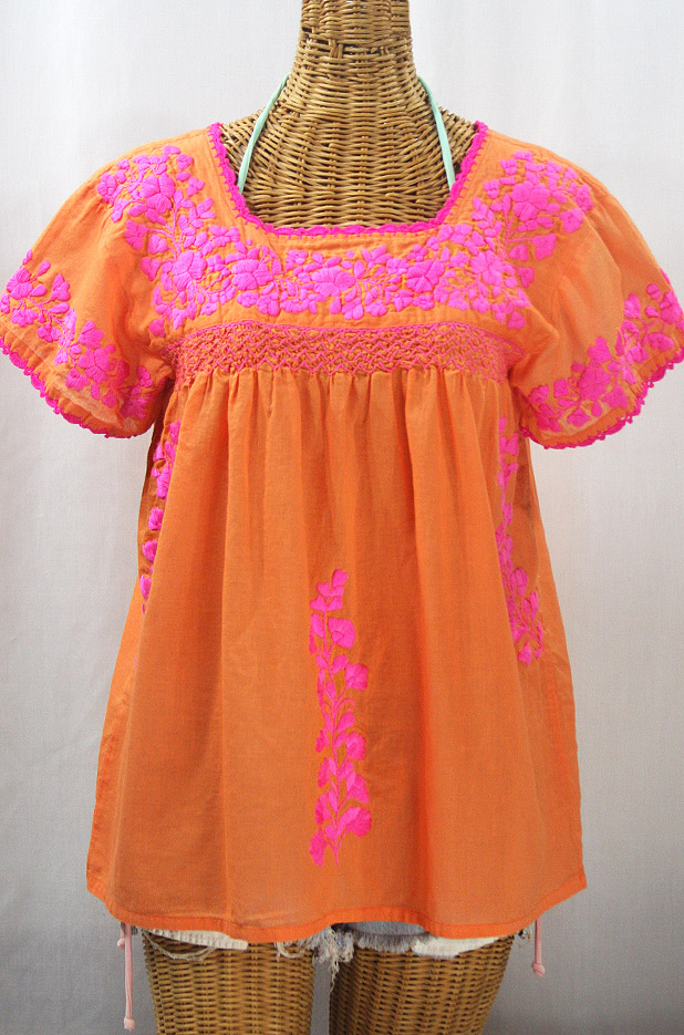 "La Marina Corta" Embroidered Mexican Peasant Blouse - Orange Cream + Neon Pink