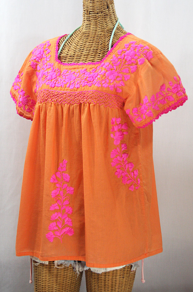 "La Marina Corta" Embroidered Mexican Peasant Blouse - Orange Cream + Neon Pink