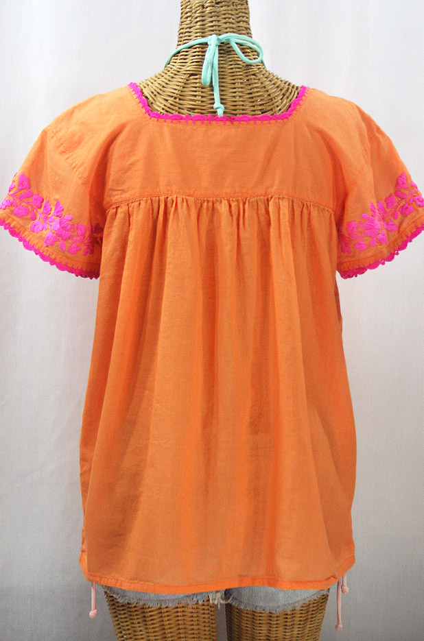 "La Marina Corta" Embroidered Mexican Peasant Blouse - Orange Cream + Neon Pink