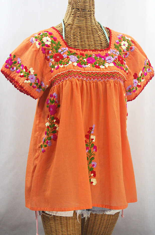 "La Marina Corta" Embroidered Mexican Peasant Blouse - Orange Cream + Multi