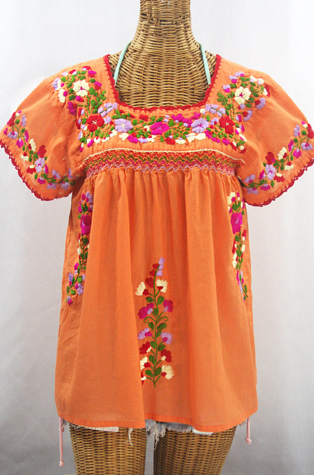 "La Marina Corta" Embroidered Mexican Peasant Blouse - Orange Cream + Multi