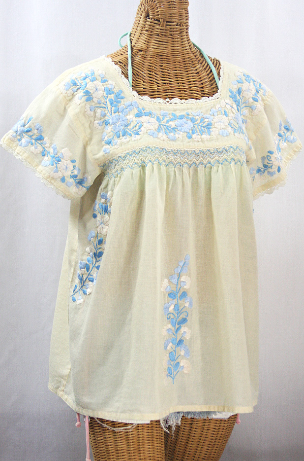 "La Marina Corta" Embroidered Mexican Peasant Blouse - Pale Yellow + Blue Multi