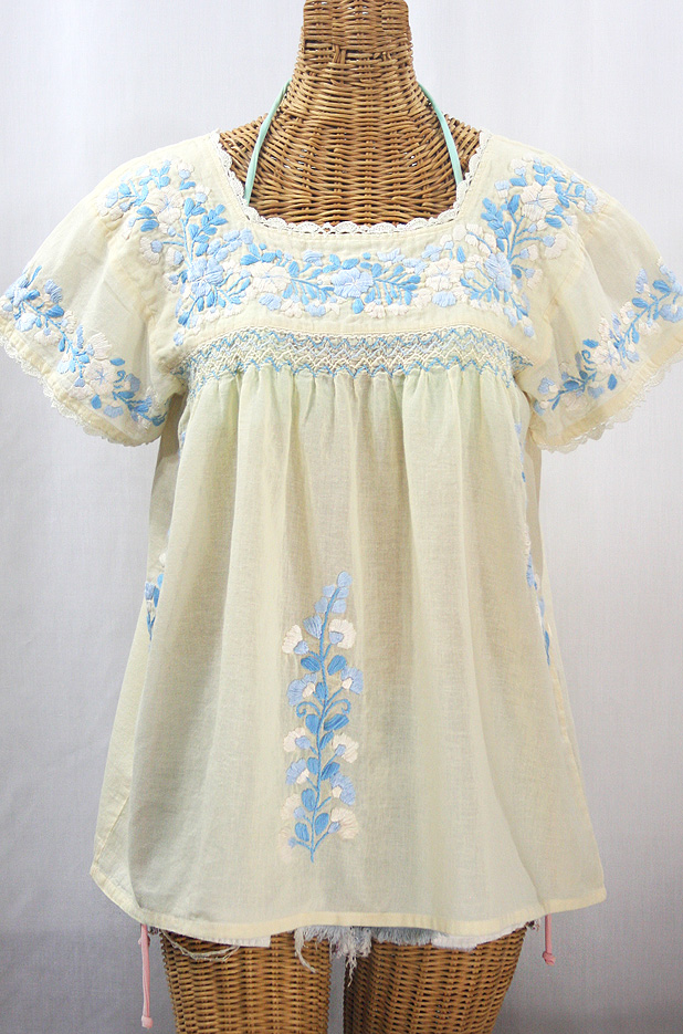 "La Marina Corta" Embroidered Mexican Peasant Blouse - Pale Yellow + Blue Multi