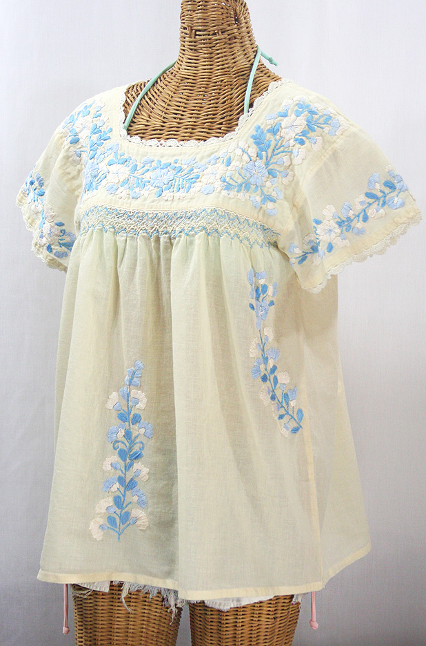 "La Marina Corta" Embroidered Mexican Peasant Blouse - Pale Yellow + Blue Multi