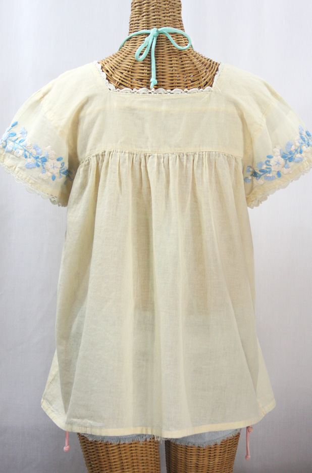 "La Marina Corta" Embroidered Mexican Peasant Blouse - Pale Yellow + Blue Multi