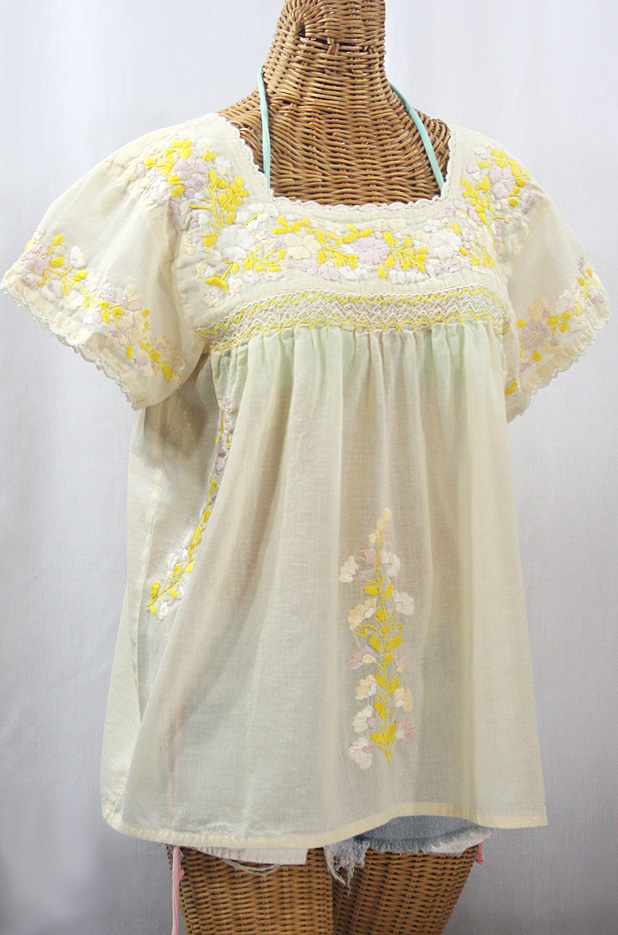 "La Marina Corta" Embroidered Mexican Peasant Blouse - Pale Yellow + Yellow Mix