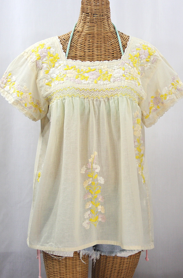 "La Marina Corta" Embroidered Mexican Peasant Blouse - Pale Yellow + Yellow Mix