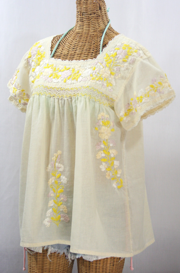 "La Marina Corta" Embroidered Mexican Peasant Blouse - Pale Yellow + Yellow Mix