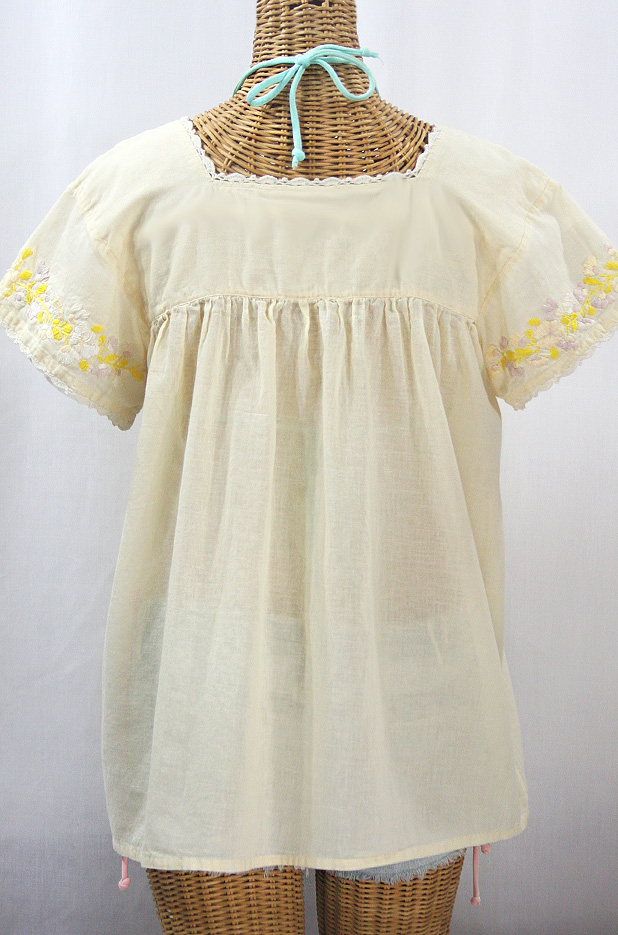 "La Marina Corta" Embroidered Mexican Peasant Blouse - Pale Yellow + Yellow Mix