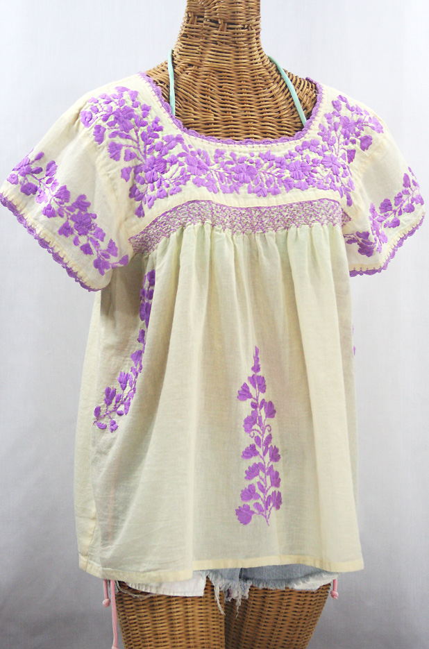FINAL SALE -- "La Marina Corta" Embroidered Mexican Peasant Blouse - Pale Yellow + Purple