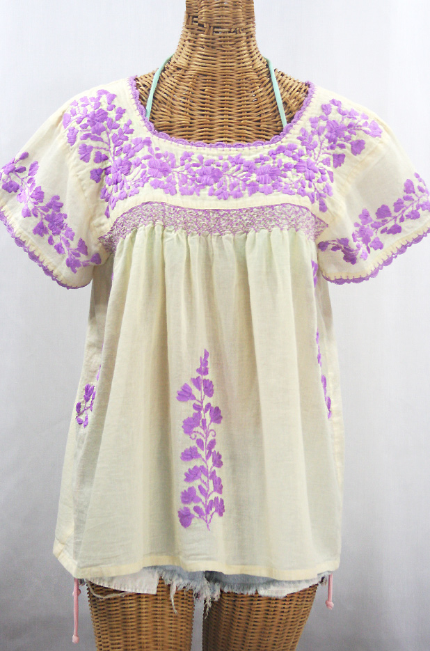 "La Marina Corta" Embroidered Mexican Peasant Blouse - Pale Yellow + Purple